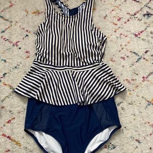 Latched Mama Nursing Swimsuit: Striped Peplum Top and Navy High Waist Bottoms